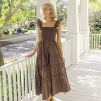 Block Print Smocked Flutter Strap Midi