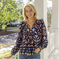 Navy Geo Floral Ruffle Front Top with Tassels