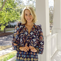 Navy Geo Floral Ruffle Front Top with Tassels
