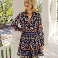Navy Geo Floral Long Sleeve Smocked Waist Dress