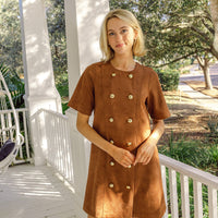 Camel Suede Short Sleeve Button Front Dress
