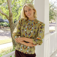 Moss Geo Smocked Puff Sleeve Top
