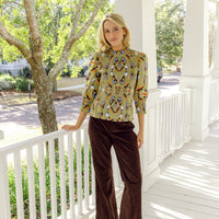 Moss Geo Smocked Puff Sleeve Top