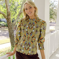 Moss Geo Smocked Puff Sleeve Top