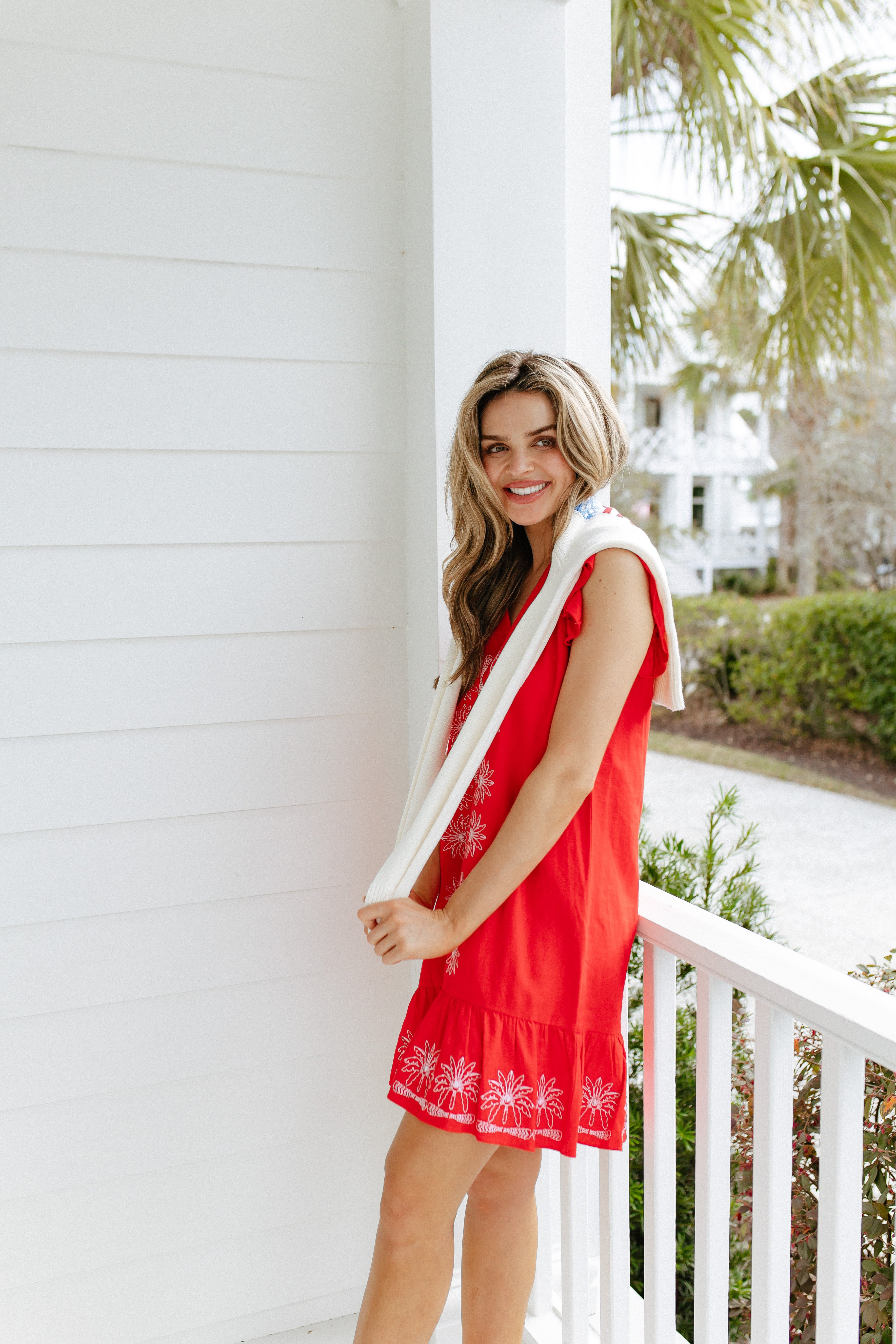 Sail to Sable Red Flame V-Neck Ruffle Hem Dress Flame / S / SP26306
