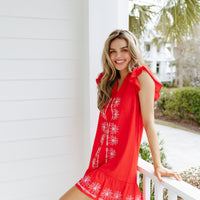 Red Flame V-Neck Ruffle Hem Dress