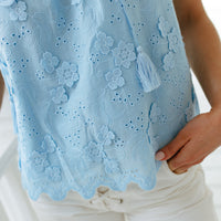 Sky Floral Eyelet Ruffle Front Top