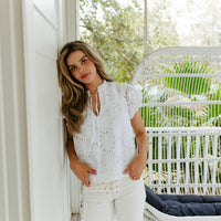 White Eyelet Flutter Sleeve Top