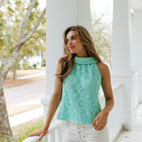 Mint Eyelet Cowl Neck Top