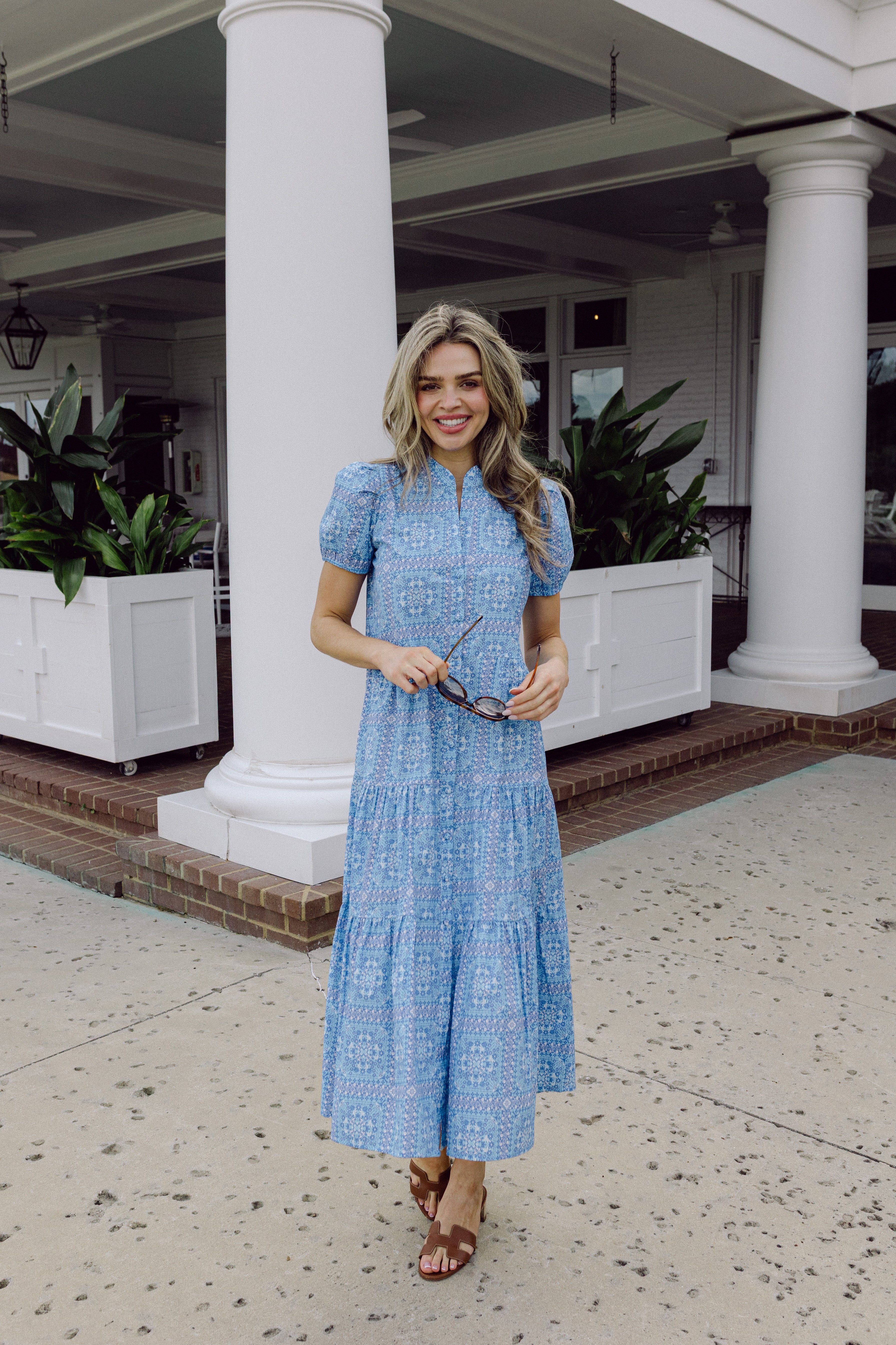 Blue Floral Tile Puff Sleeve Maxi Shirt Dress – Sail to Sable