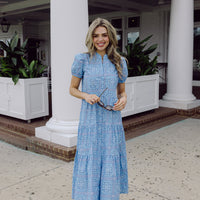 Blue Floral Tile Puff Sleeve Maxi Shirt Dress
