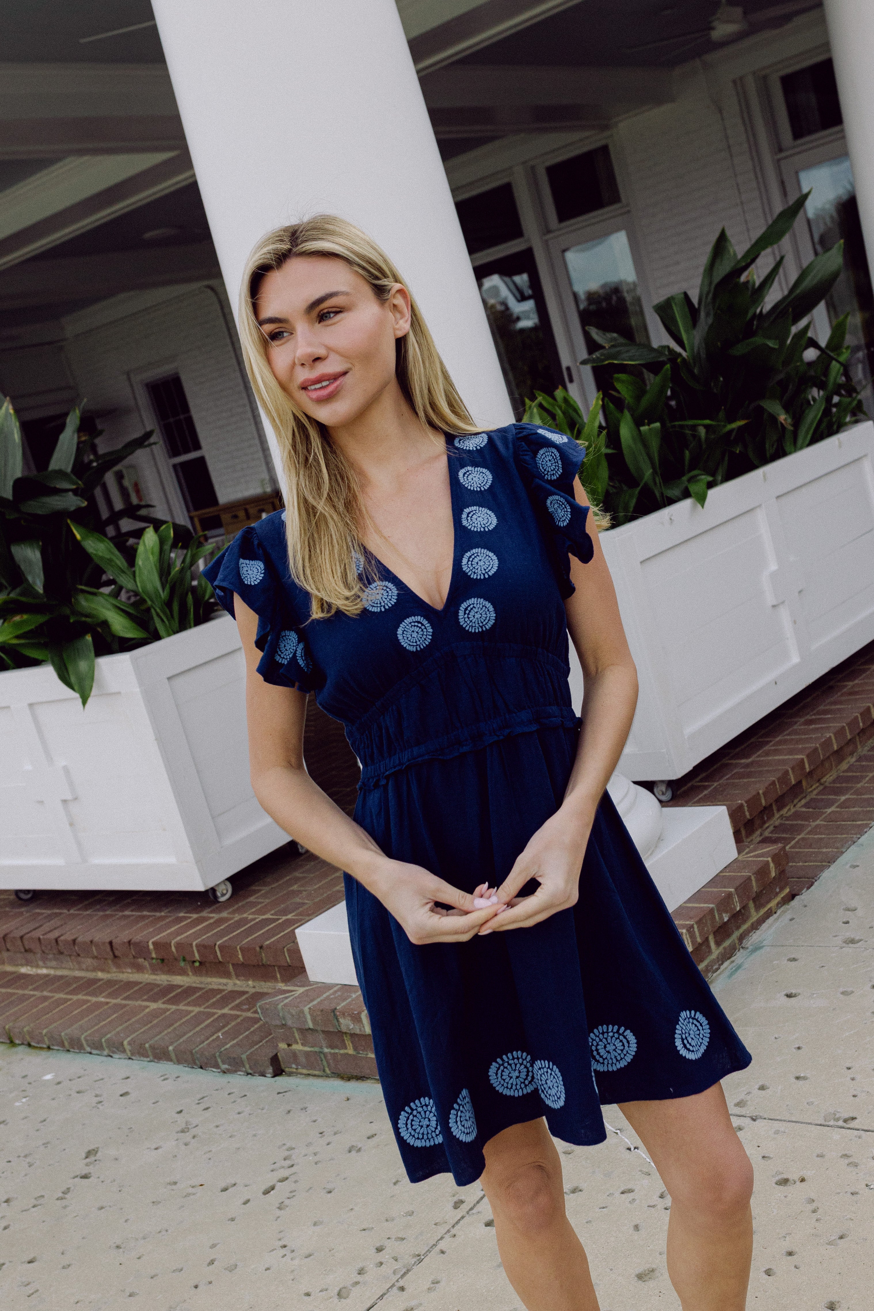 Sail to Sable V-Neck Flutter Sleeve Linen-Blend Mini Dress Sail to Sable V-Neck Flutter Sleeve Linen-Blend Mini Dress