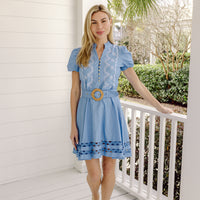 Blue Belted Embroidered Puff Sleeve Tunic with Ric-Rac