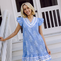 Blue Floral Ruffle Hem Mini Dress