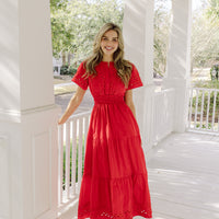 Red Short Sleeve Cinched Waist Maxi Dress with Ric-Rac Inlay
