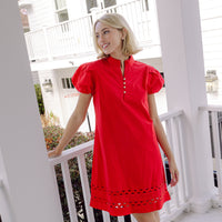 Red Button Front Puff Sleeve Mini Dress with Ric-Rac Inlay