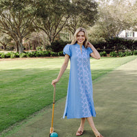 Blue Embriodered Puff Sleeve Midi Tunic