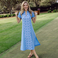 Blue Embriodered Puff Sleeve Midi Tunic