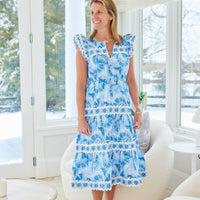 Blue CKB Print Flutter Sleeve Ric-Rac Midi Dress