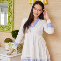 Embroidered Blush Seersucker Long Sleeve Tunic Flare Dress