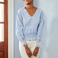 Blue Gingham V-Neck Smocked Waist Top