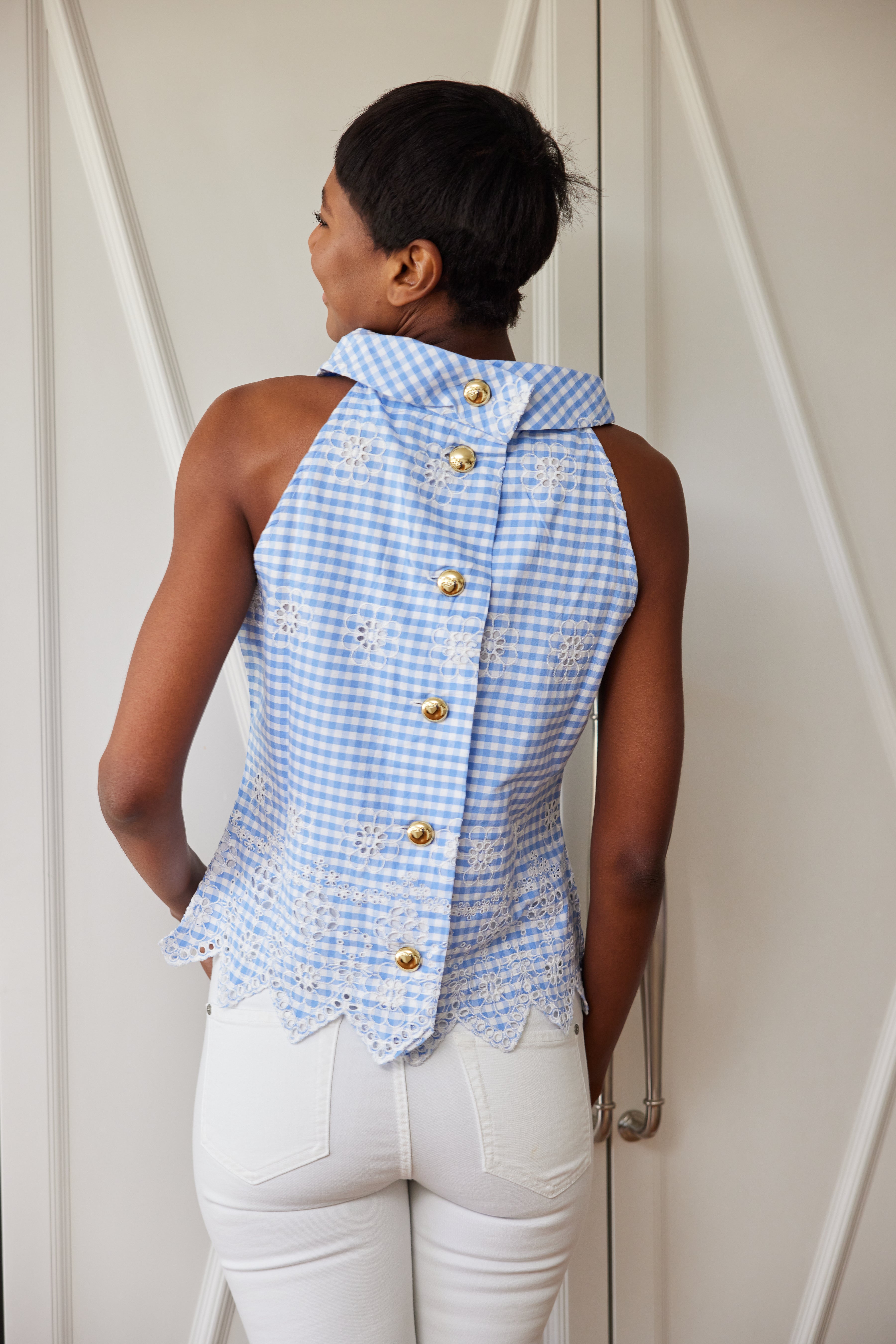 Blue Gingham Cowl Neck Top – Sail to Sable