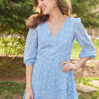 Floral Eyelet Button Front Puff Sleeve Dress