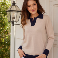 Camel Ribbed Hem Polo Sweater