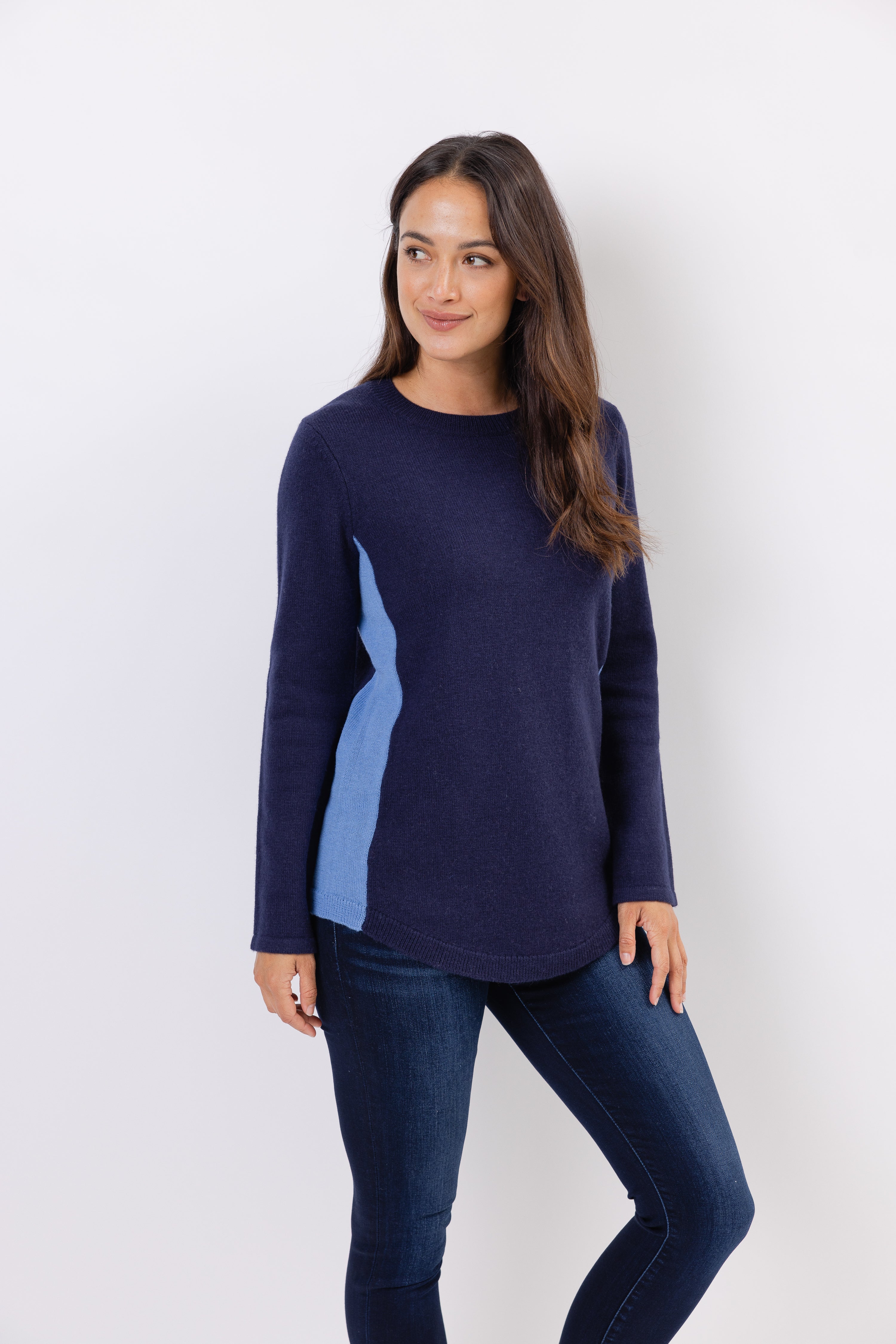 Navy Round Hem Color Block Sweater