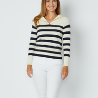 Navy & White Striped Zip Front Sweater