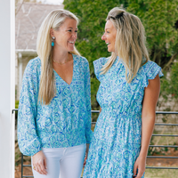 Blue Multi Smocked Waist V-Neck Top