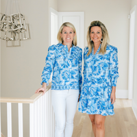 Blue CKB Print Long Sleeve Ruffle Top