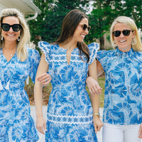 Blue CKB Print Flutter Sleeve Ric-Rac Midi Dress