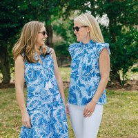 Blue CKB Print Sleeveless Bib Dress with Tassels