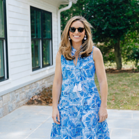 Blue CKB Print Sleeveless Bib Dress with Tassels