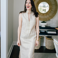 Gold Linen Button Front Midi Dress