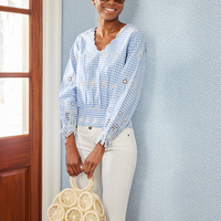 Blue Gingham V-Neck Smocked Waist Top