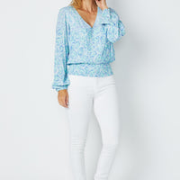 Blue Multi Smocked Waist V-Neck Top