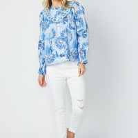 Blue CKB Print Long Sleeve Ruffle Top