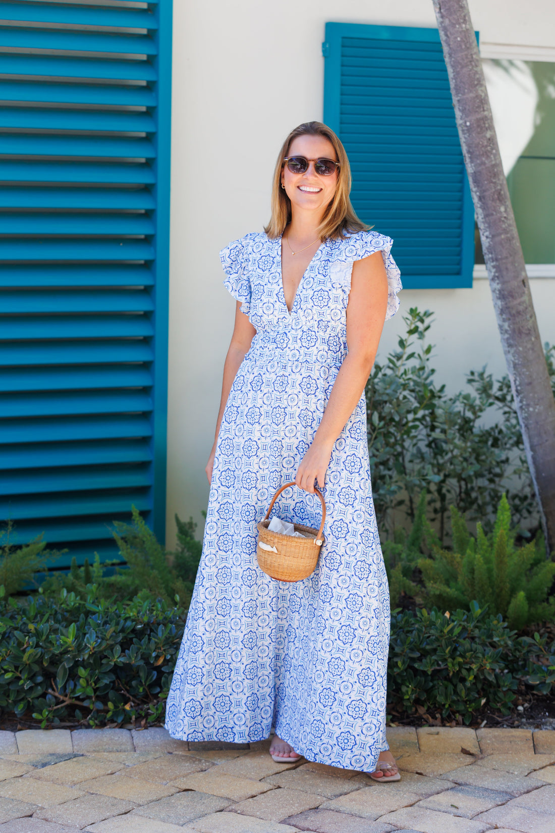 Blue Medallion V-Neck Flutter Sleeve Maxi Dress