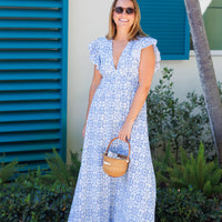 Blue Medallion V-Neck Flutter Sleeve Maxi Dress