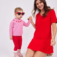 Red Short Sleeve V-Neck Pleated Dress