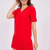 Red Short Sleeve V-Neck Pleated Dress