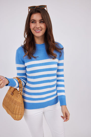 Hydrangea & Ivory Roll Neck Stripe Sweater