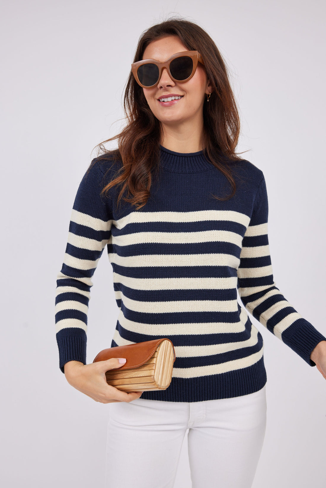 Navy & Ivory Roll Neck Stripe Sweater