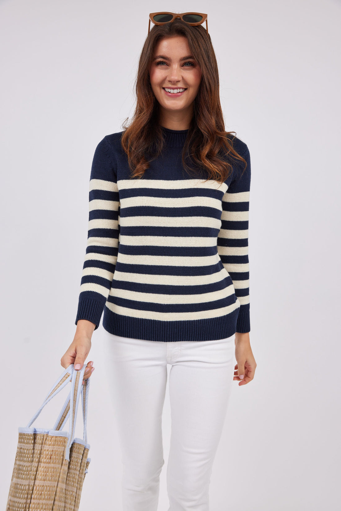 Navy & Ivory Roll Neck Stripe Sweater