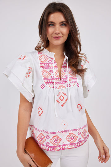 Pink Embroidered Ruffle Sleeve Top