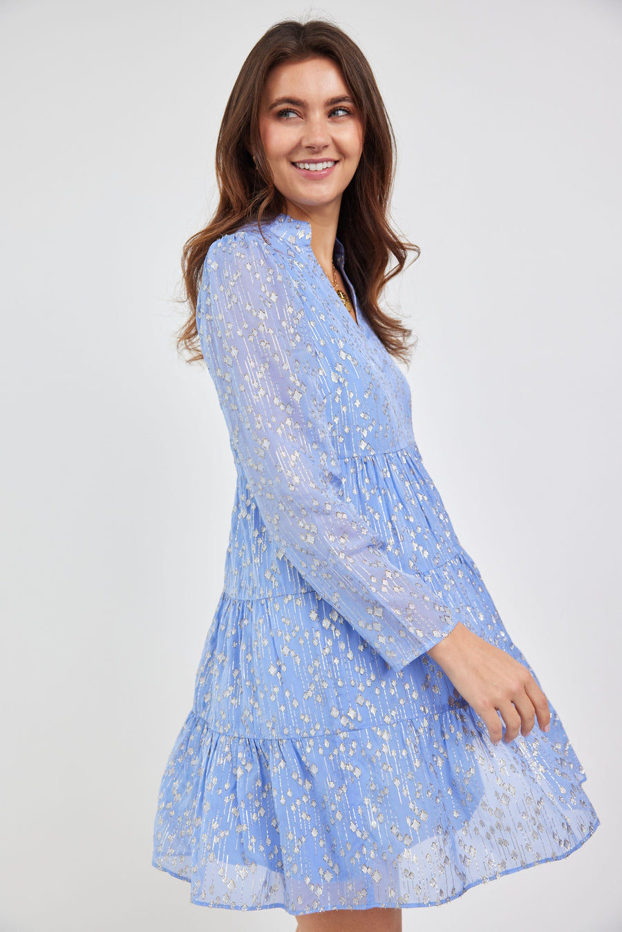 Hydrangea Lurex Long Sleeve Tunic Flare Dress