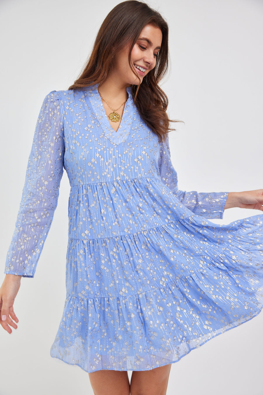 Hydrangea Lurex Long Sleeve Tunic Flare Dress