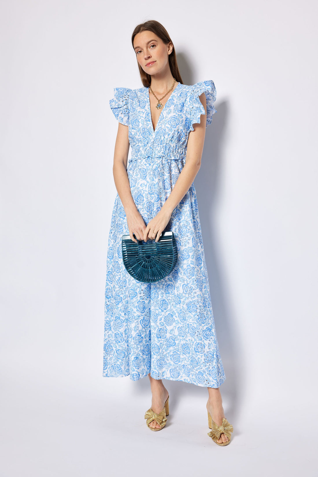 Blue & White Rose Printed Eyelet V-Neck Flutter Sleeve Maxi Dress